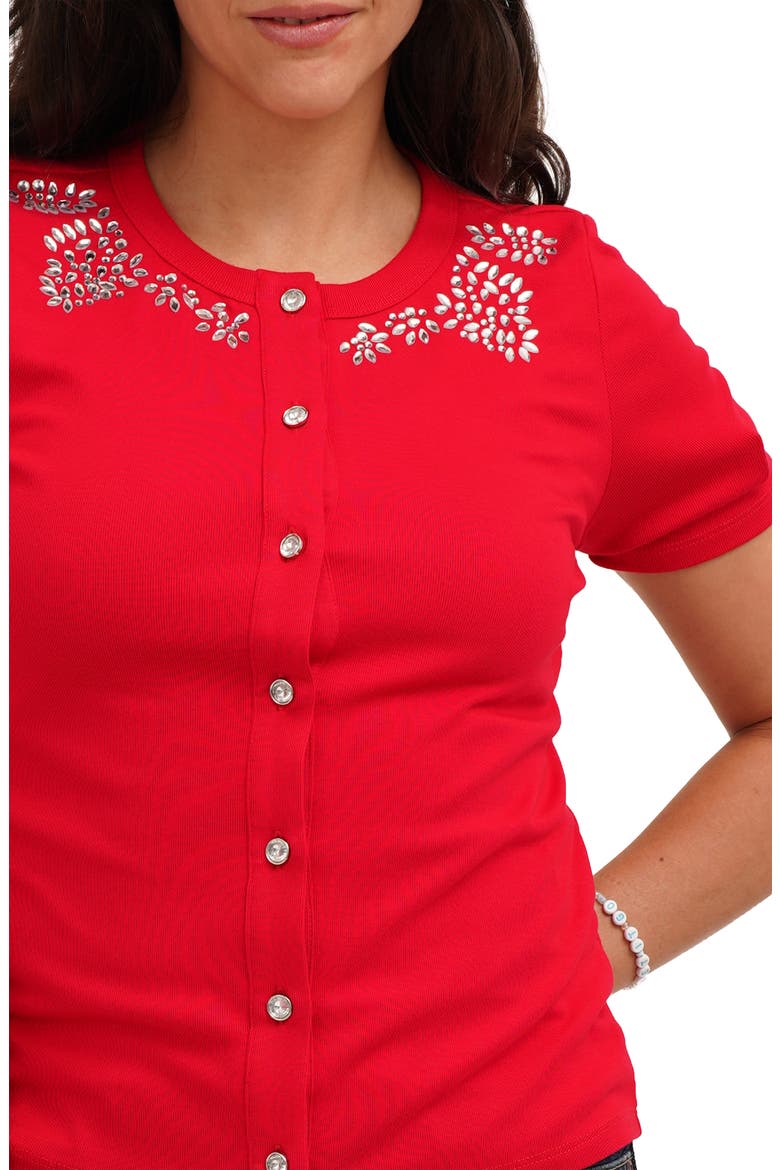 Embellished Collar Short Sleeve Cardigan, Alternate, color, CABERNET RED