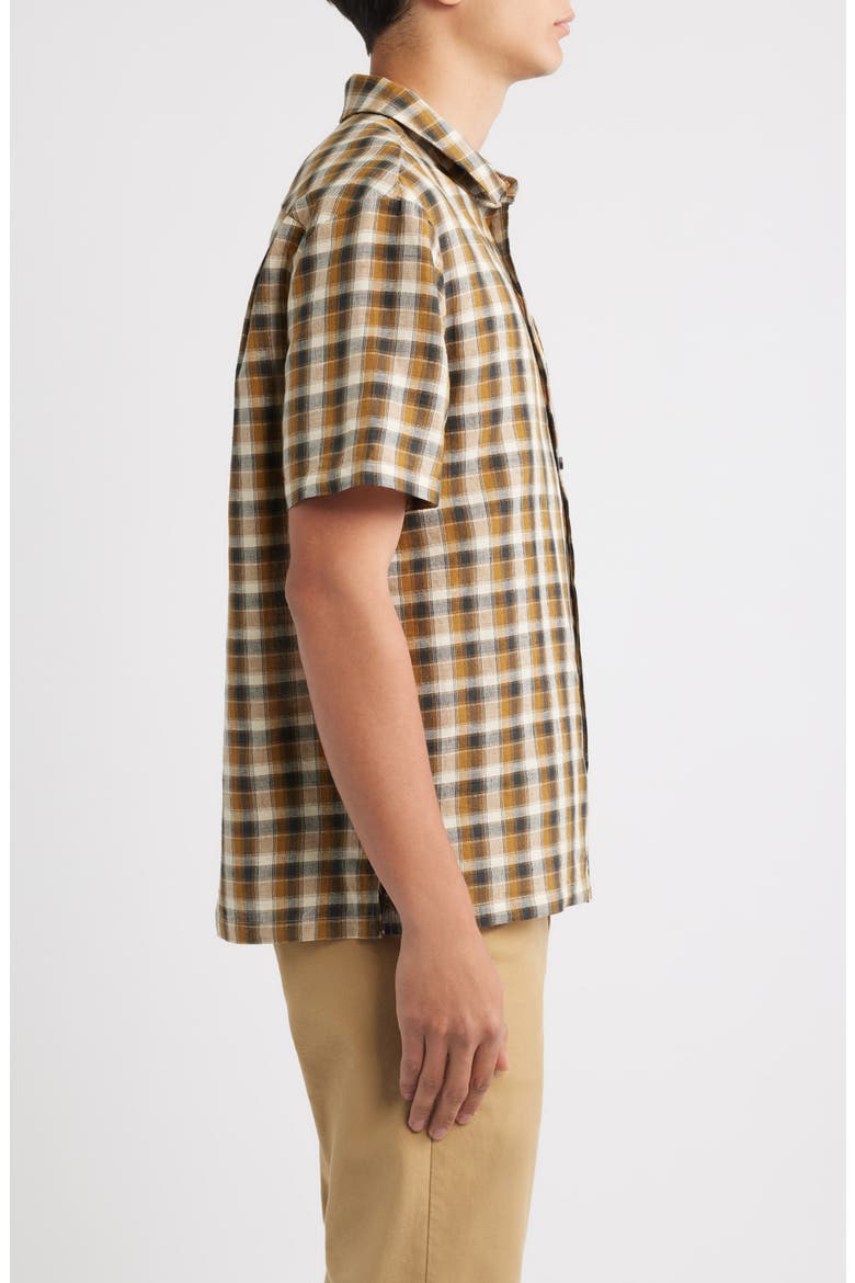 Cru Plaid Linen Blend Short Sleeve Shirt, Alternate, color, BLACK/ TOBACCO PLAID