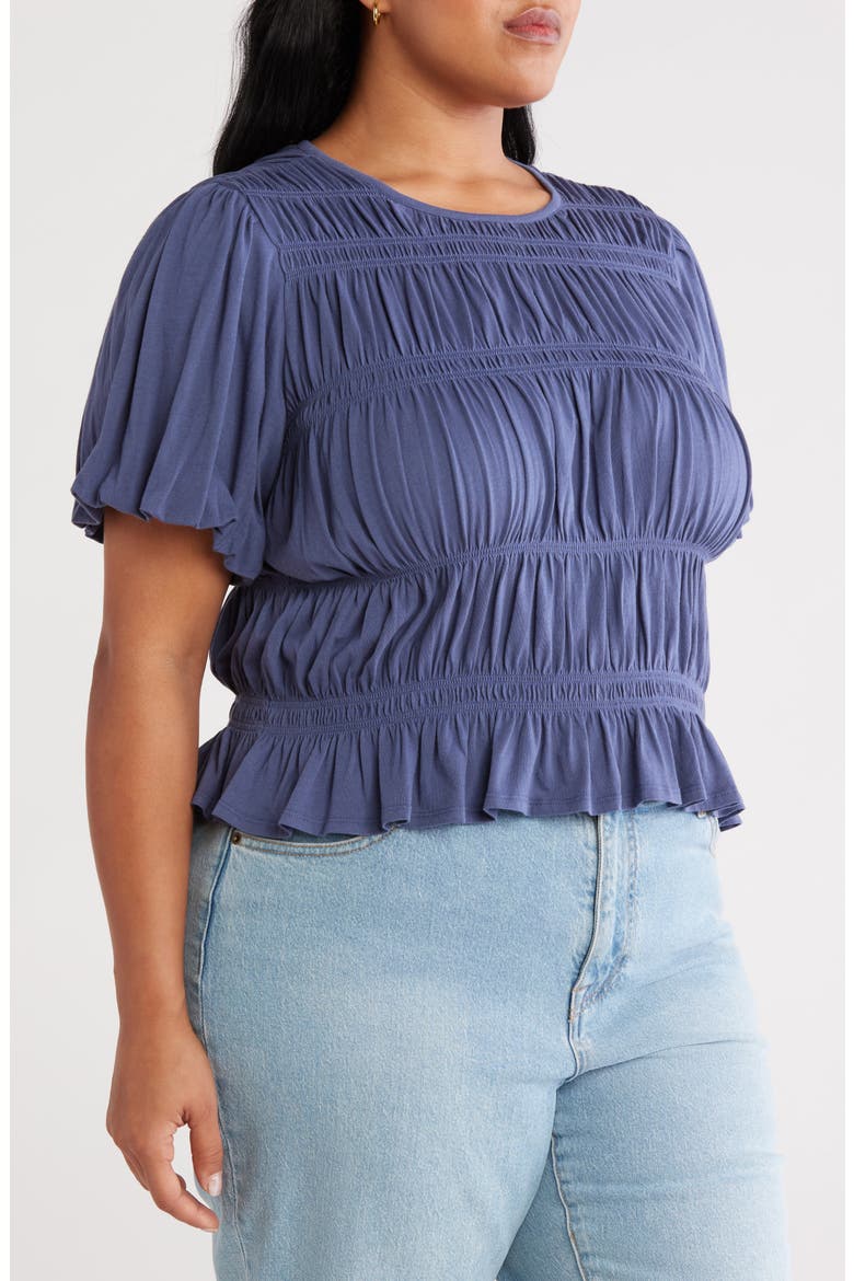 Shirred Puff Sleeve Cotton Top, Alternate, color, BLUE INDIGO