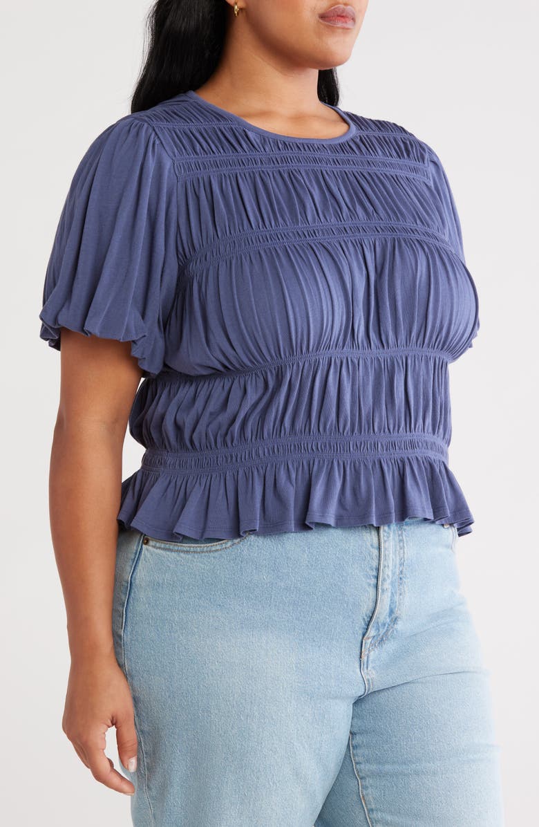 Treasure & Bond Shirred Puff Sleeve Cotton Top, Alternate, color, Blue Indigo