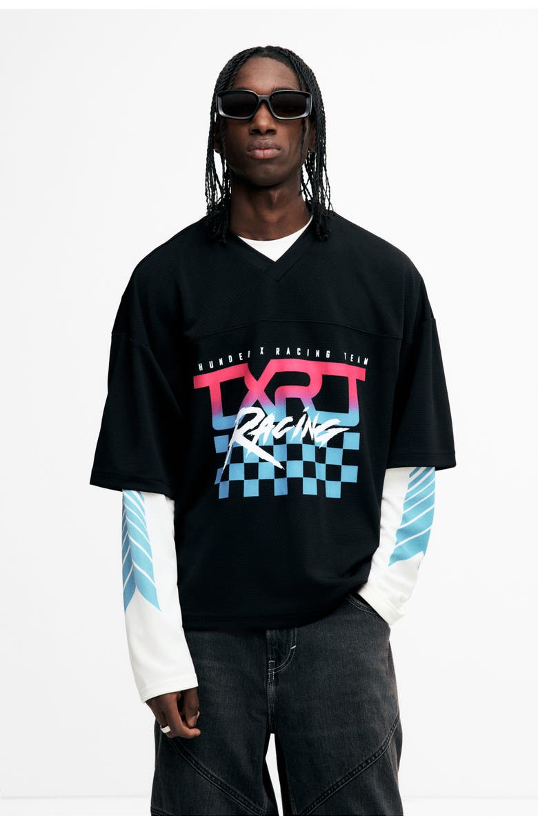 H&M Oversized Fit Printed Mesh T-shirt, Alternate, color, Black/Txrt