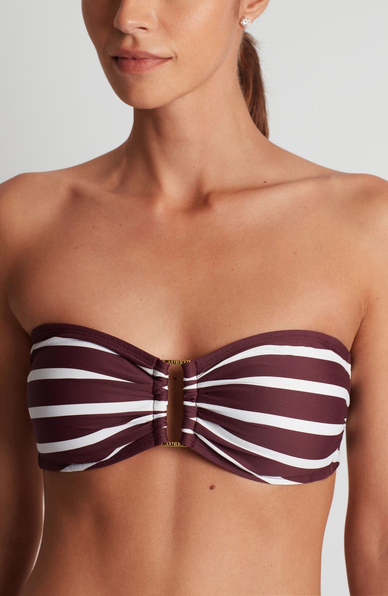 Lauren Ralph Lauren Stripe Metal Accent Bandeau Bikini Top, Alternate, color, Claret