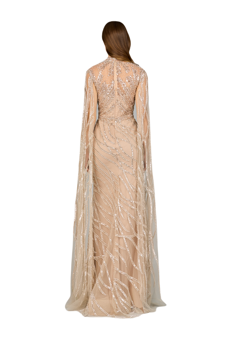 High Neck Gown with Long Cape Sleeves, Alternate, color, Nude