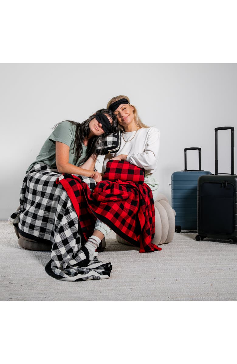 Pink Lemonade Plaid Organic Cotton Travel Blanket and Eye Mask Set, Alternate, color, Black