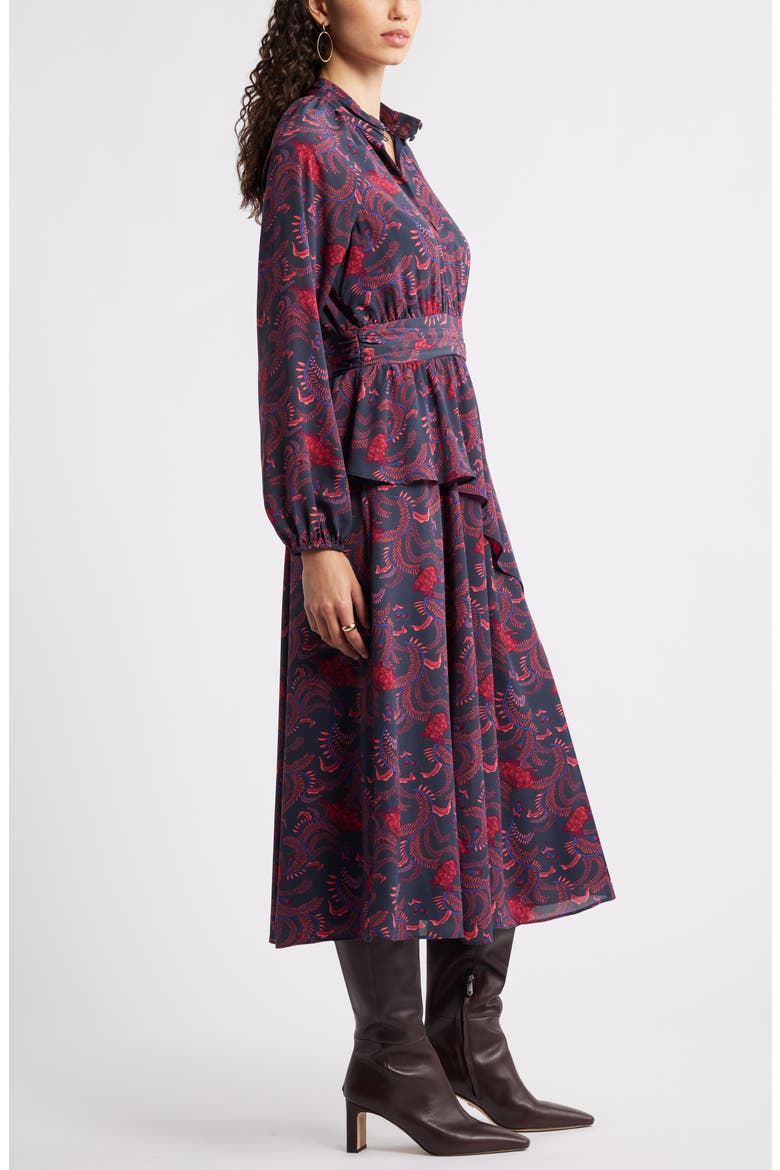 Long Sleeve Ruffle Midi Dress, Alternate, color, NAVY FLORAL VINE