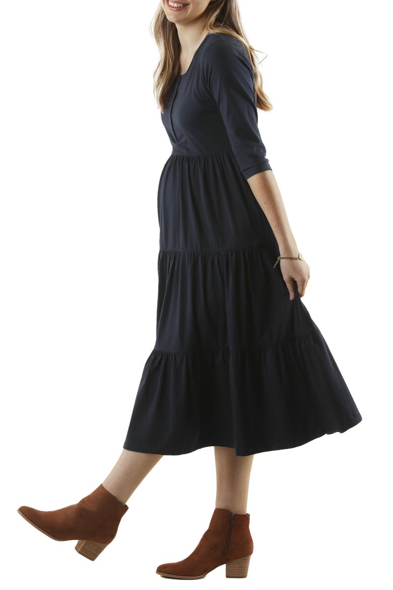 Tiered Maternity/Nursing Midi Dress, Alternate, color, NAVY