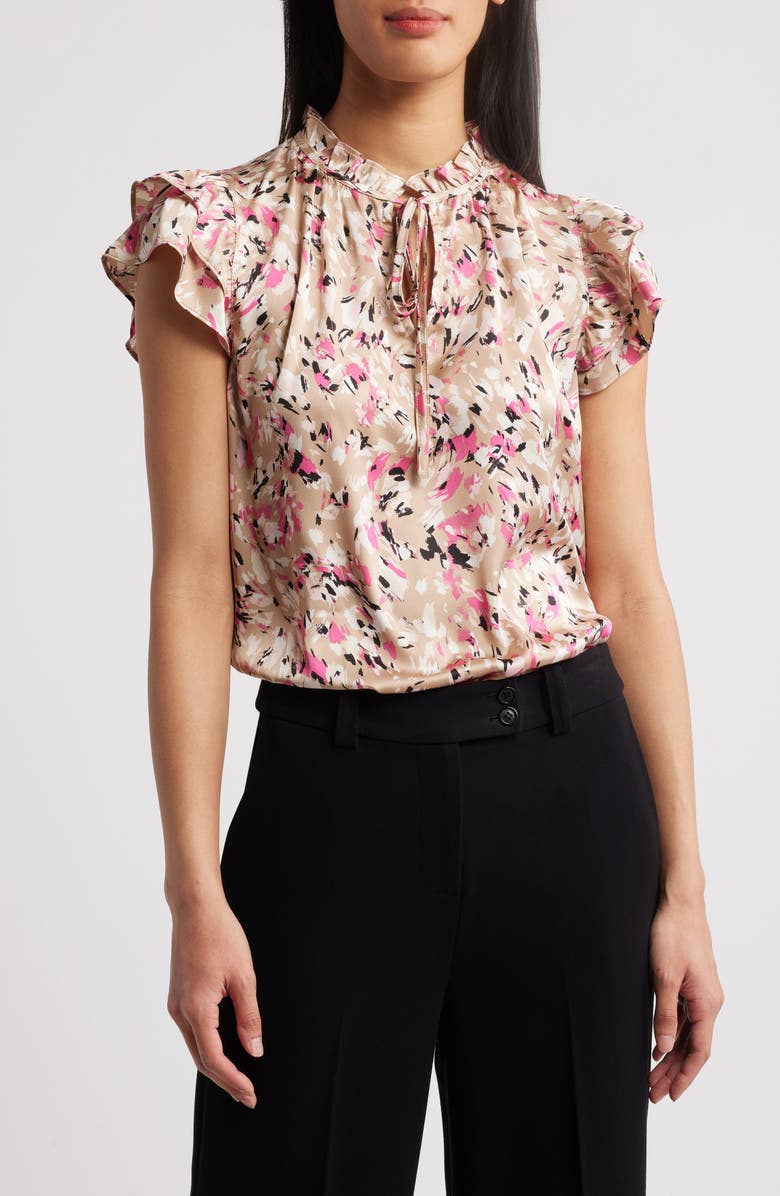 Anne Klein Floral Ruffle Sleeve Tie Neck Top, Main, color, 