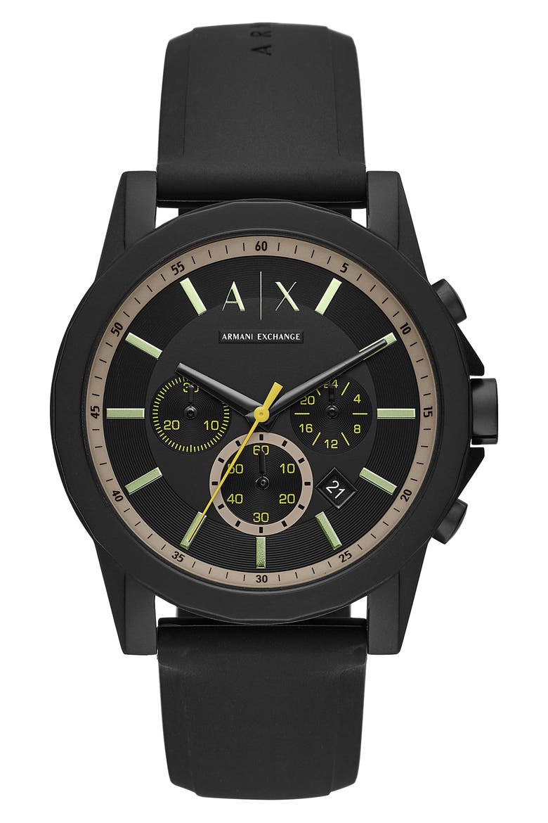 Chronograph Silicone Strap Watch, 44mm, Main, color, BLACK