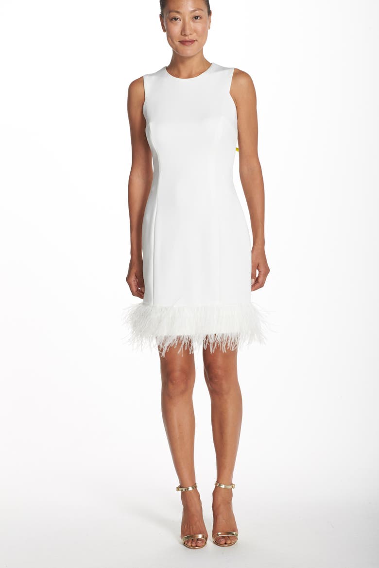 Feather Accent Techno Sheath Dress, Alternate, color, IVORY