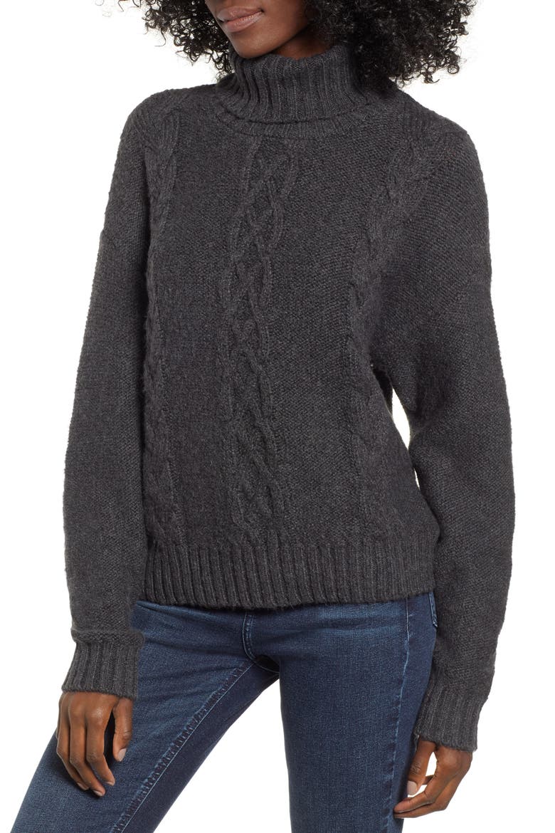 Cozy Cable Knit Turtleneck Sweater, Main, color, GREY DARK CHARCOAL HEATHER