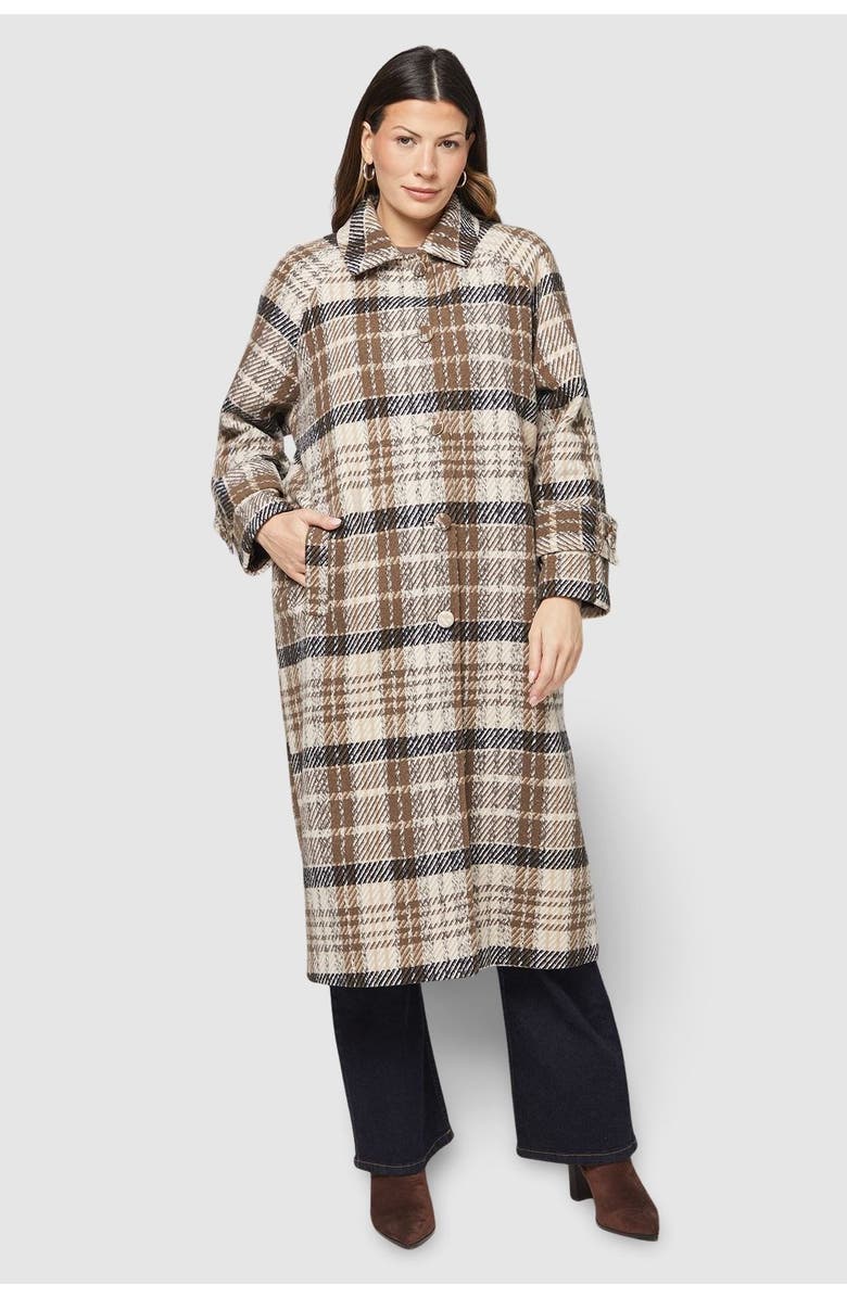 Wallis Button Through Check Coat, Main, color, Brown