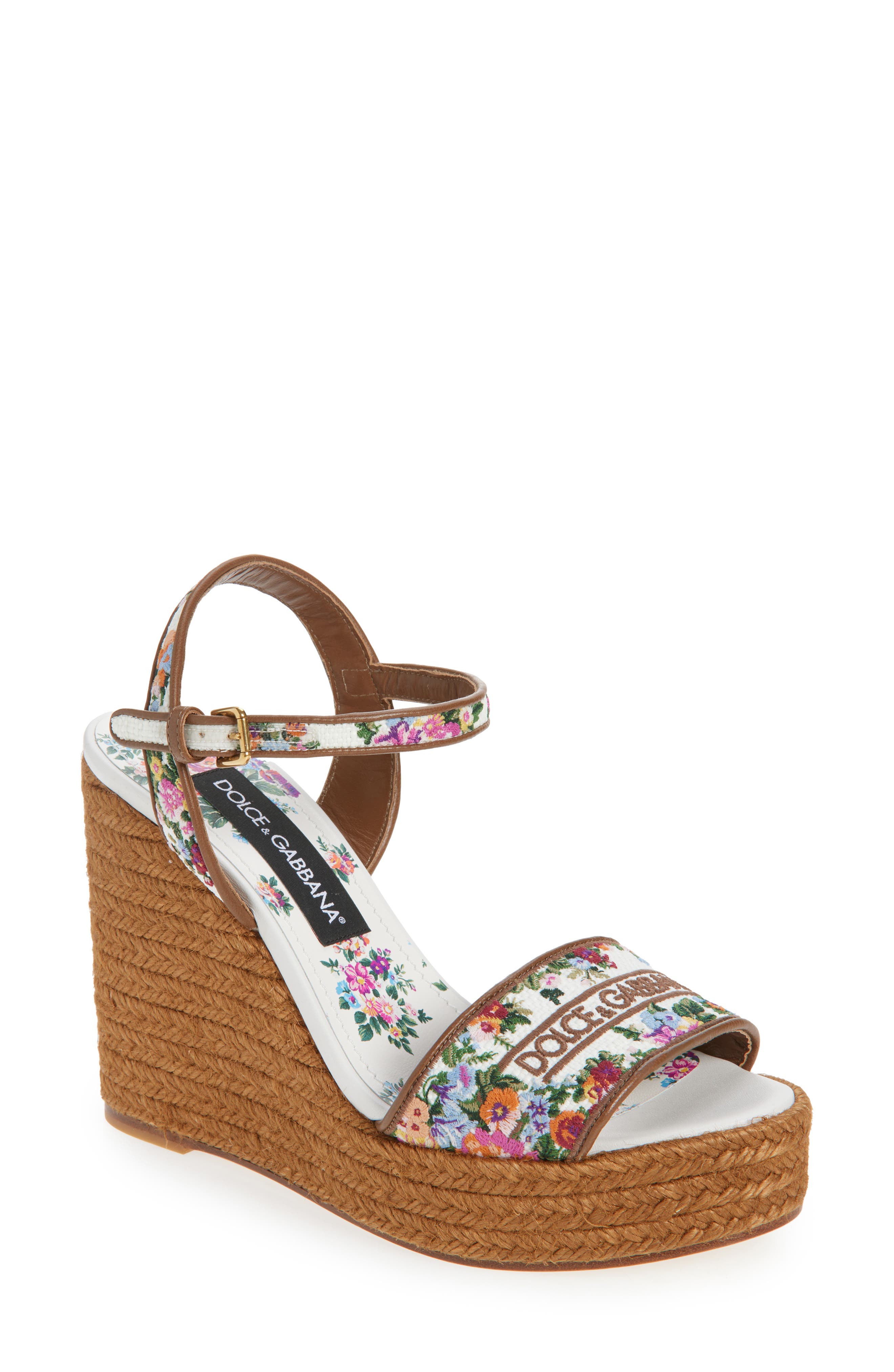 Dolce&Gabbana Floral Embroidered Espadrille Wedge Sandal, Main, color, Bianco/ Multicolor