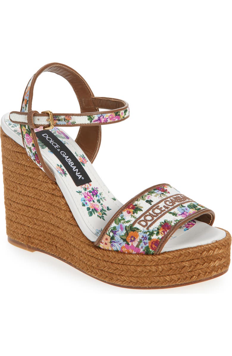 Dolce&Gabbana Floral Embroidered Espadrille Wedge Sandal, Main, color, Bianco/ Multicolor