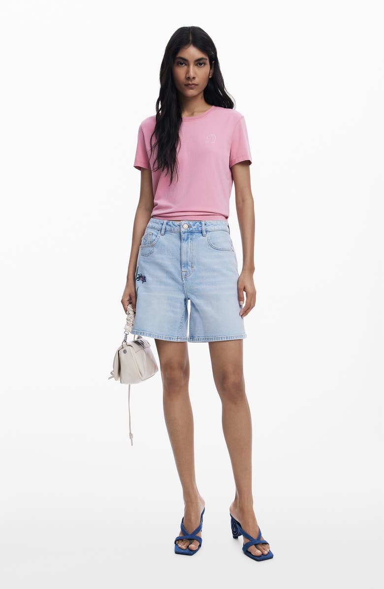 Desigual Floral Embroidered Denim Shorts, Alternate, color, Light Blue