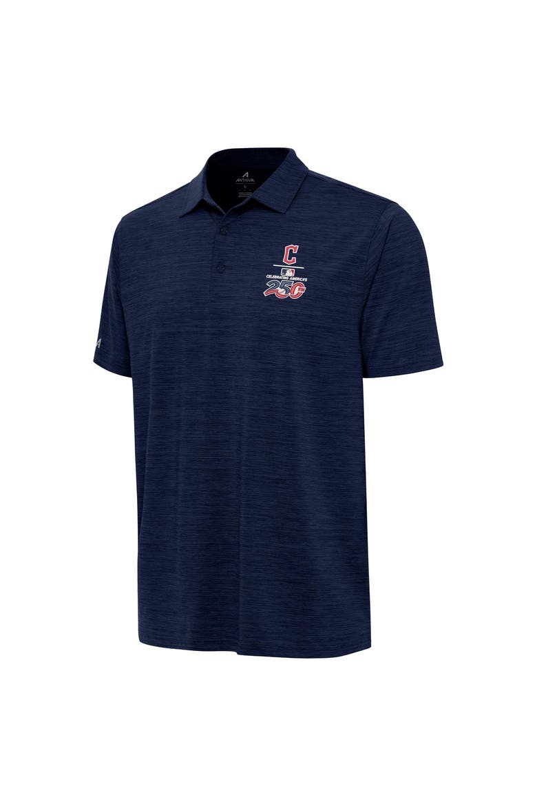 Men's Antigua Heather Navy Cleveland Guardians Celebrating America's 250th Layout Polo, Alternate, color, Heather Navy