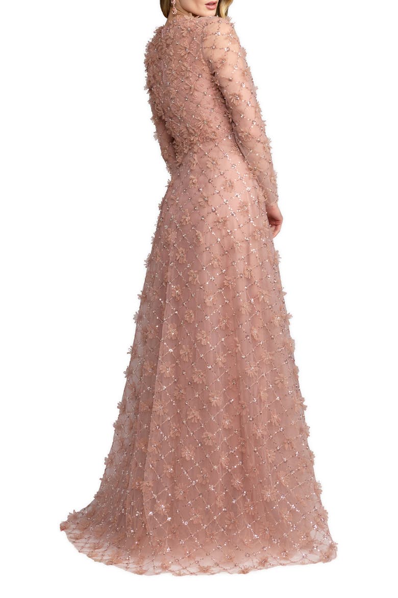 High Neck Long Sleeve Floral Embellished A-Line Gown, Alternate, color, Mocha