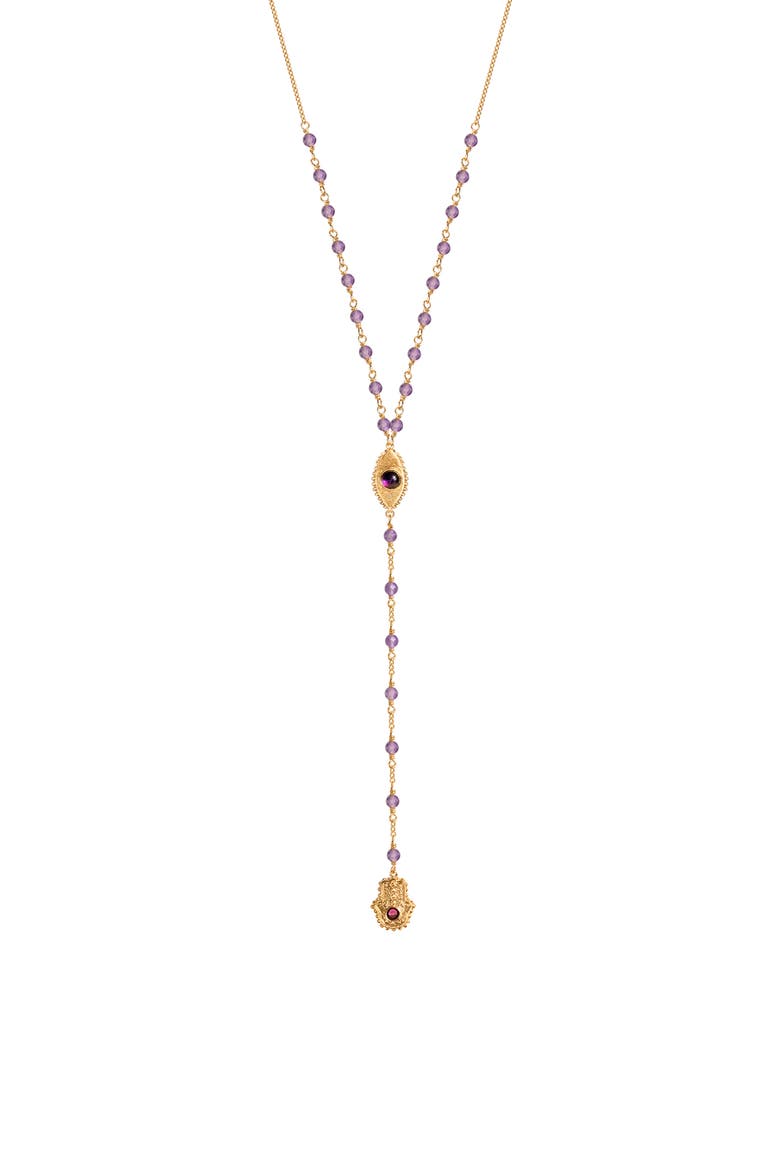 Amethyst Evil Eye Hamsa Gold Plated Women's Lariat Necklace - Peace of Spirit, Main, color, Gold/purple