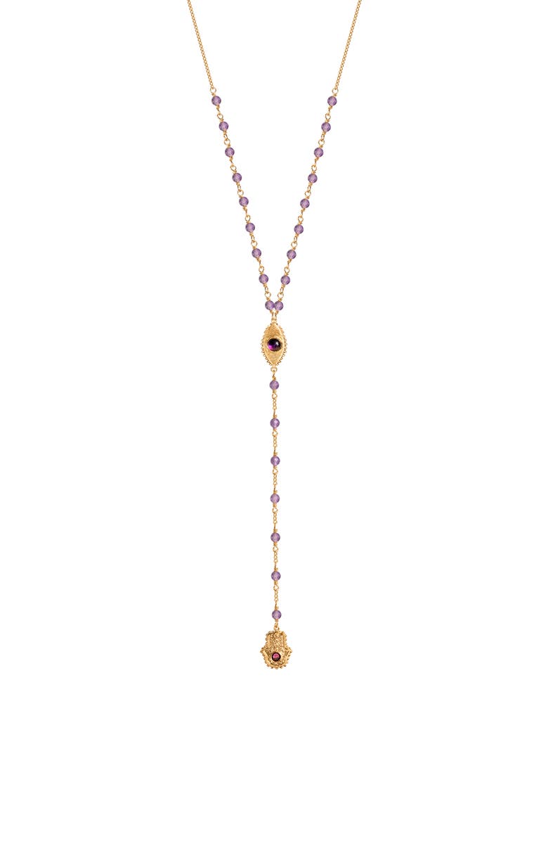 Karma and Luck Amethyst Evil Eye Hamsa Gold Plated Lariat Necklace Peace of Spirit, Main, color, Gold/Purple