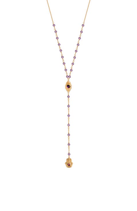 Amethyst Evil Eye Hamsa Gold Plated Lariat Necklace Peace of Spirit