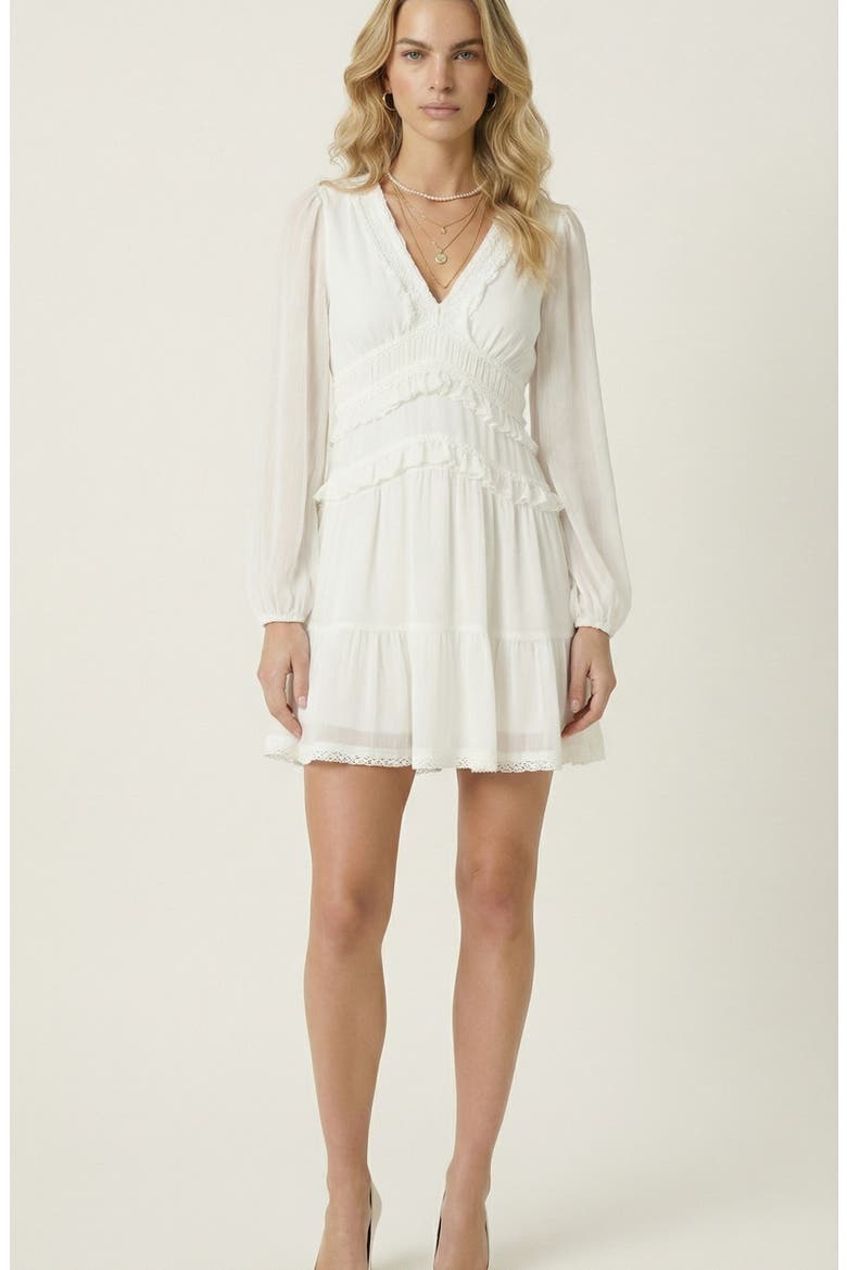 Long Sleeve V-Neck Ruffle Tiered Mini Dress with Sheer Chiffon Overlay, Main, color, White
