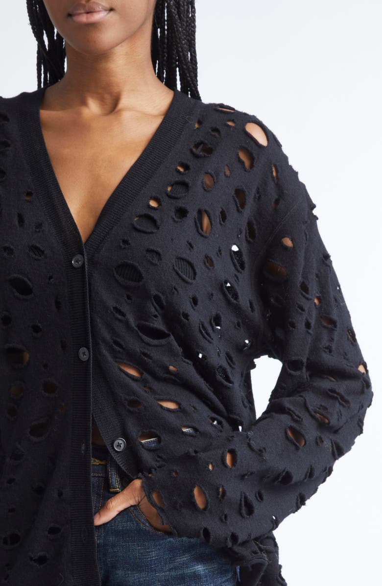 R13 Ripped Merio Wool Boyfrined Cardigan, Alternate, color, Black