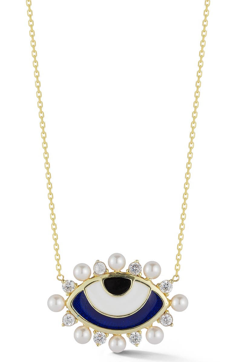SPHERA MILANO Yellow Gold Vermeil CZ & Freshwater Pearl Evil Eye Pendant Necklace, Main, color, Gold
