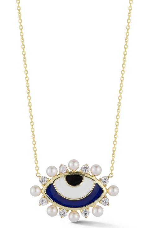 Yellow Gold Vermeil CZ & Freshwater Pearl Evil Eye Pendant Necklace