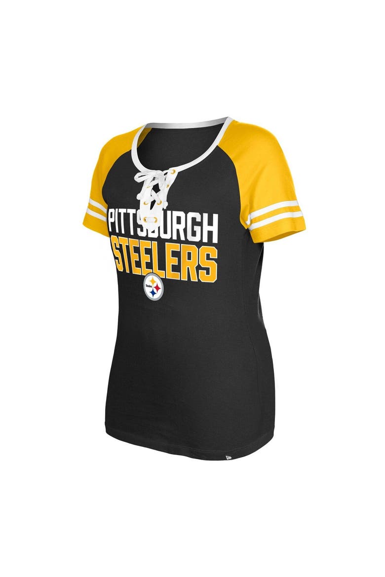 Women's New Era  Black Pittsburgh Steelers Raglan Lace-Up T-Shirt, Alternate, color, Black