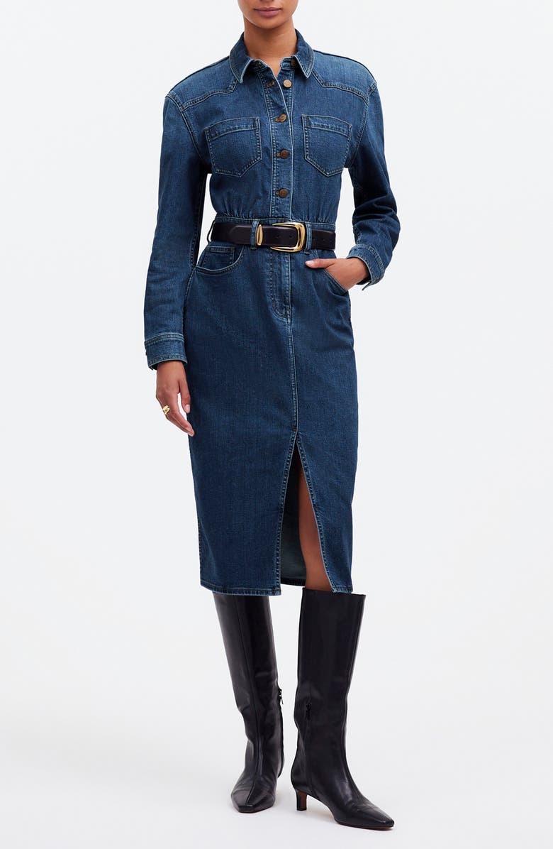 Madewell Western Long Sleeve Denim Shirtdress, Main, color, Laselle Wash