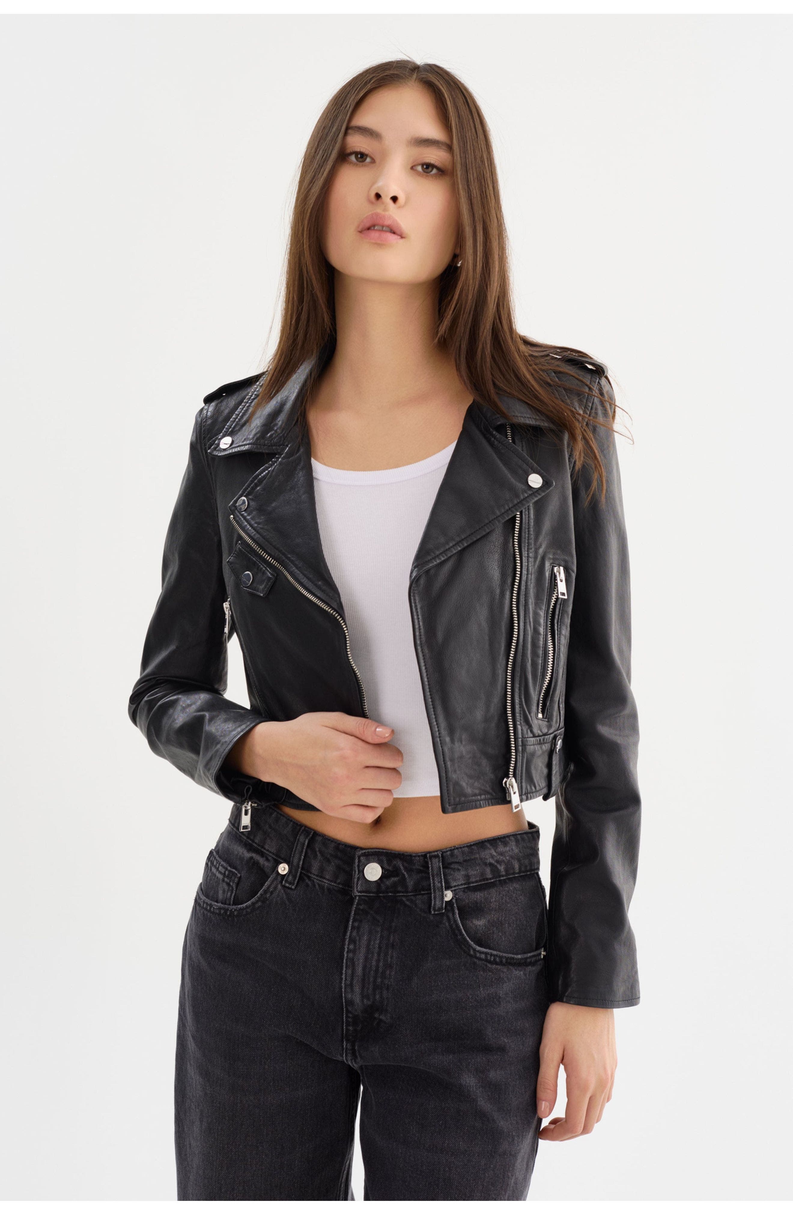 Ciara | Cropped Leather Biker Jacket - image 2
