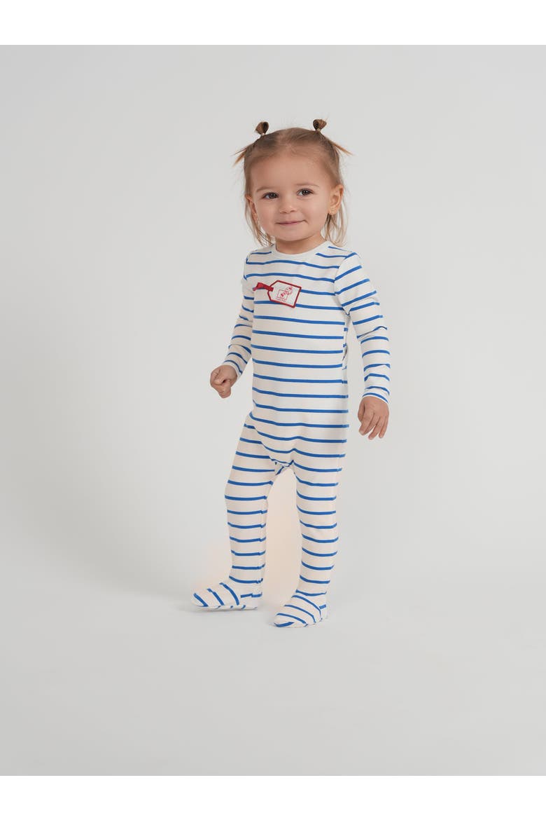 Striped Tag Applique Long Sleeve Back Snap Romper, Main, color, White/Blue/Red