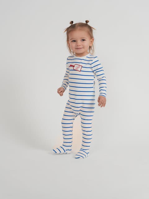 Striped Tag Applique Long Sleeve Back Snap Romper
