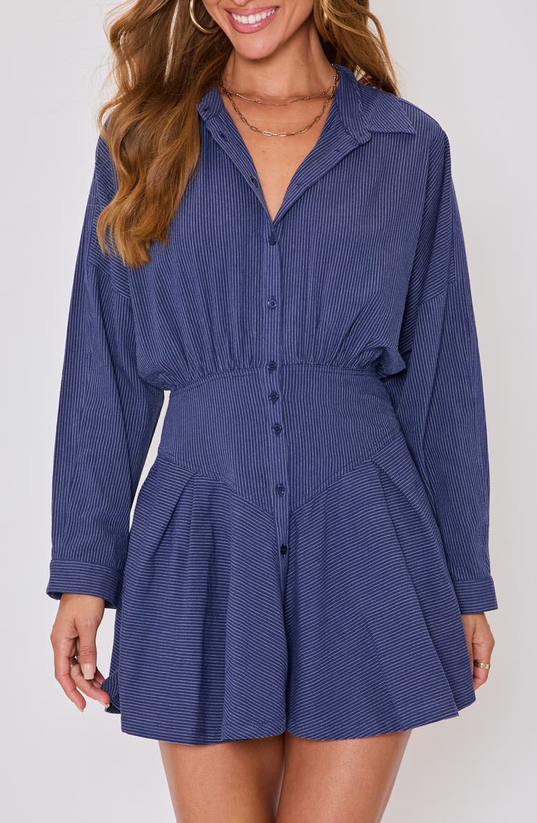VICI Collection Taylor Stripe Long Sleeve Cotton & Linen Mini Shirtdress, Main, color, Navy/Cream