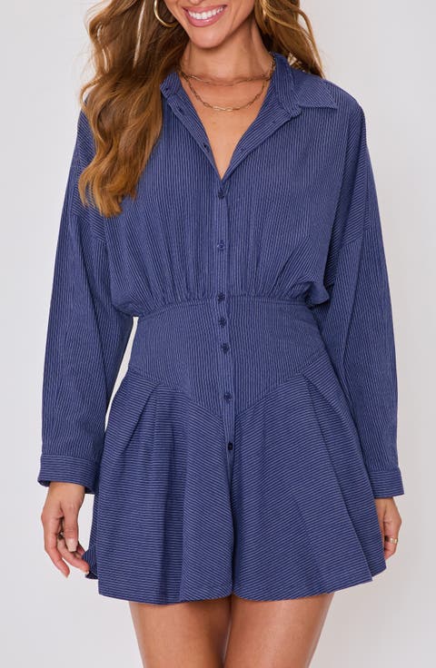 Taylor Stripe Long Sleeve Cotton & Linen Mini Shirtdress