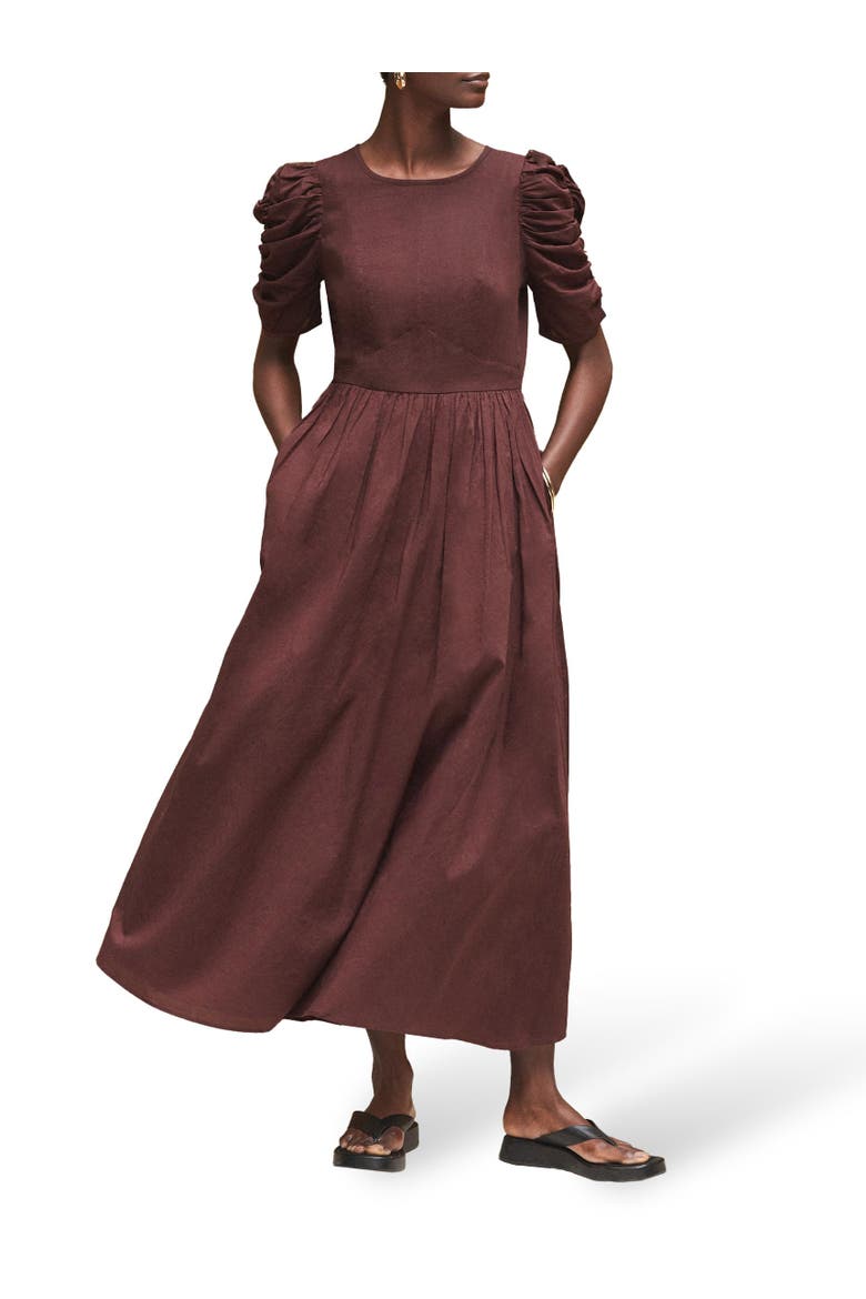 Cotton Puff Sleeve Midi Dress, Alternate, color, Chocolate
