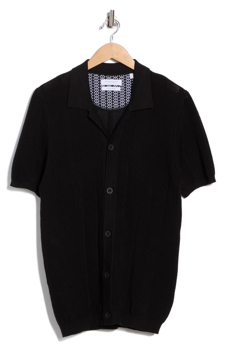 DENIM AND FLOWER Short Sleeve Button-Up Sweater, Alternate, color, Black