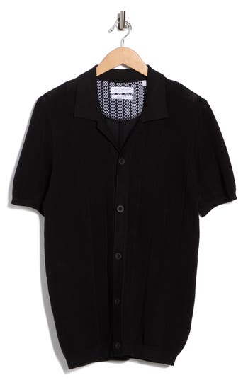 Denim And Flower Short Sleeve Button-up Sweater In Black
