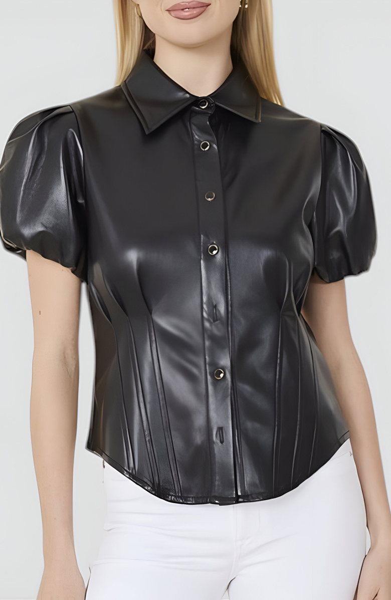 Modenaire Faux Leather Puff Sleeve Button-Up Shirt with Structured Corset Seams, Alternate, color, 