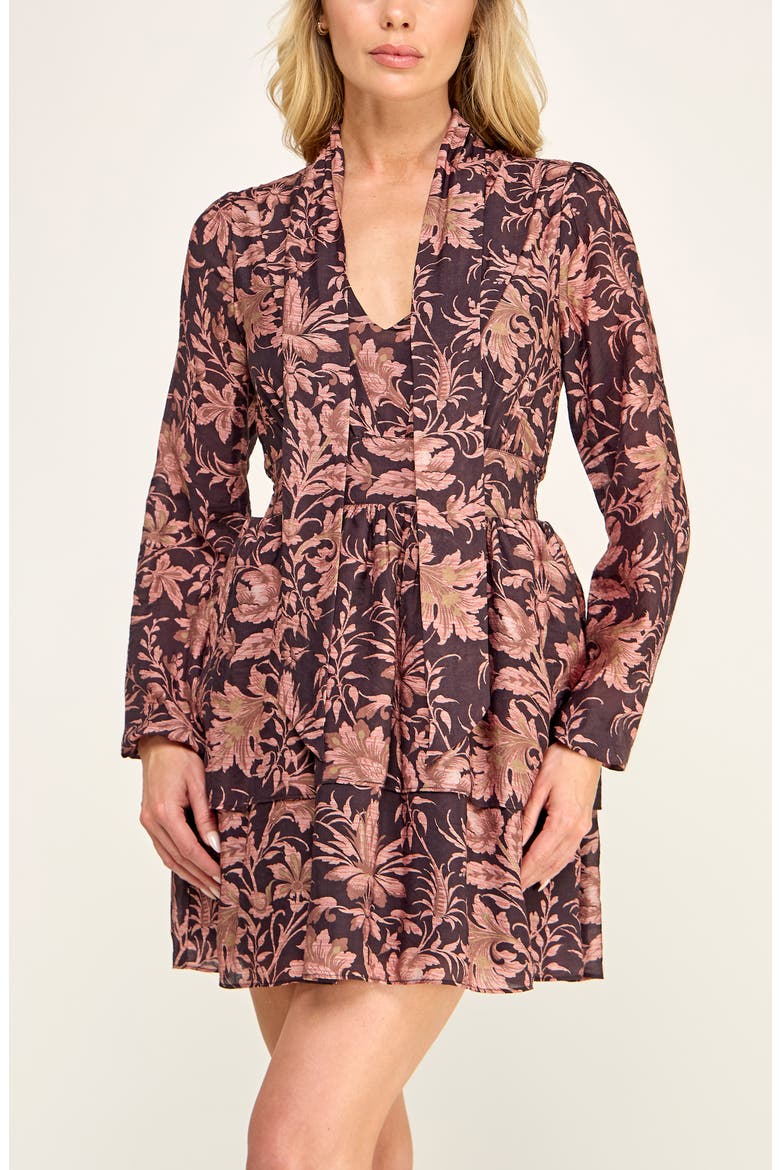 Floral Print Tiered Long Sleeve Minidress, Alternate, color, BLACK CORAL BRWN
