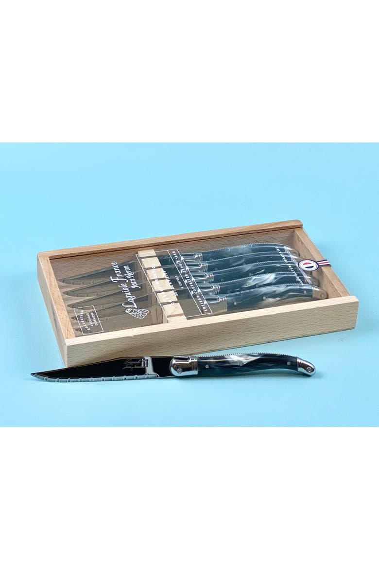 6 Piece Steak Knife Set, Platine Marble in Wood Box with Acrylic Lid, Alternate, color, Black