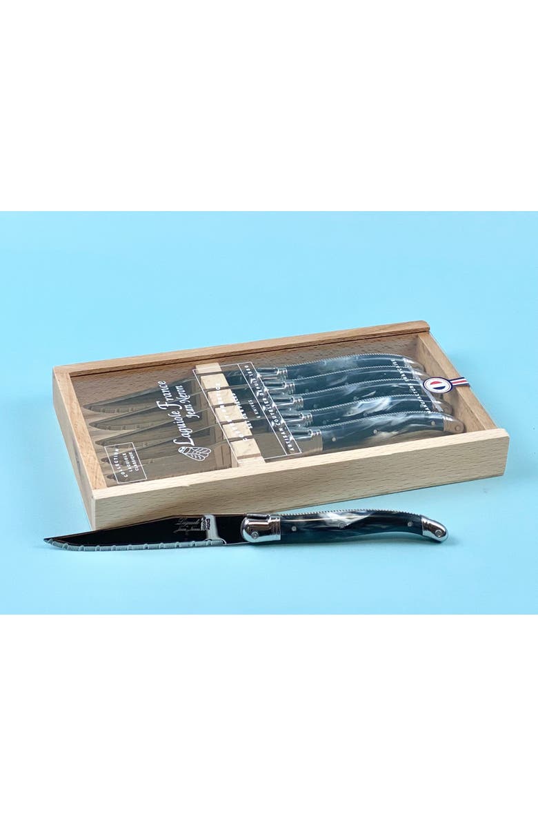 Be Home Laguiole 6 Piece Steak Knife Set, Platine Marble in Wood Box with Acrylic Lid, Alternate, color, Black