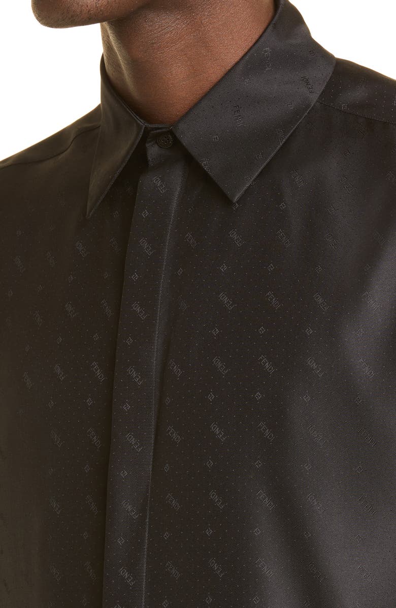 Fendi Sky Logo Jacquard Silk Button-Up Shirt, Alternate, color, 
