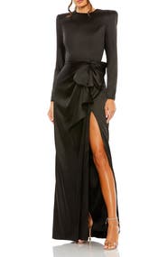 Mac Duggal Long Sleeve Structured Bow Draped Column Gown