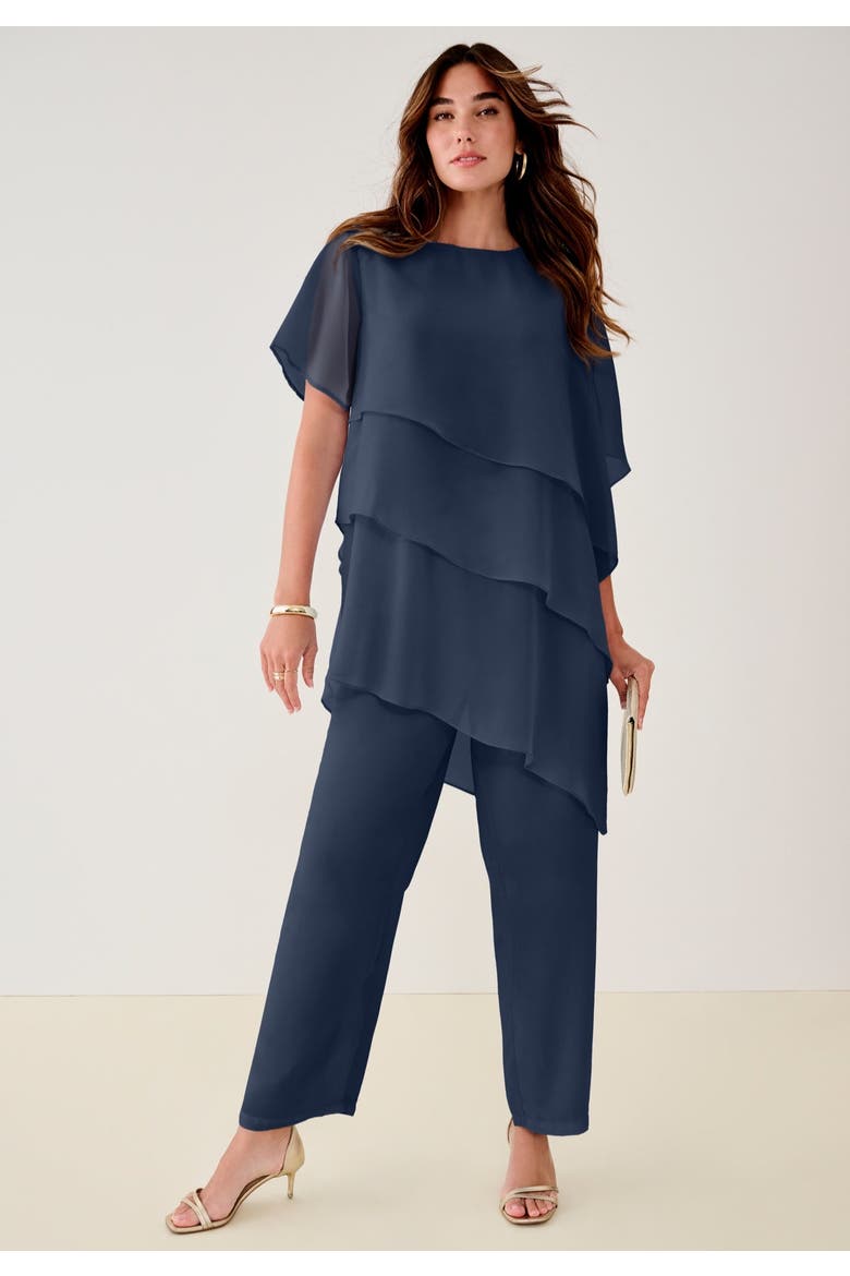 Plus-Size 2 Piece Tierred Ruffle Top And Pant Set, Main, color, NAVY