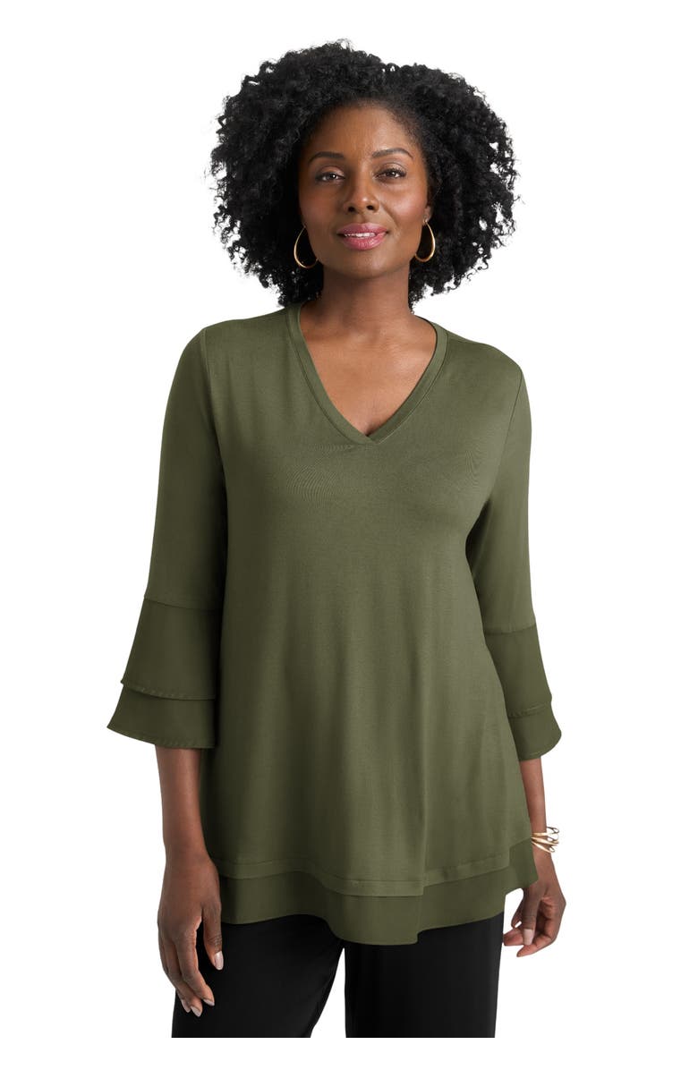 Jessica London Ruffle Layered Sleeve Top, Main, color, Dark Olive Green