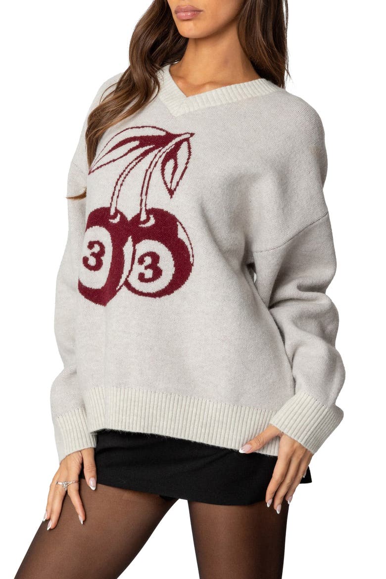 Cherry Three Oversized V-Neck Sweater, Alternate, color, GRAY-MELANGE