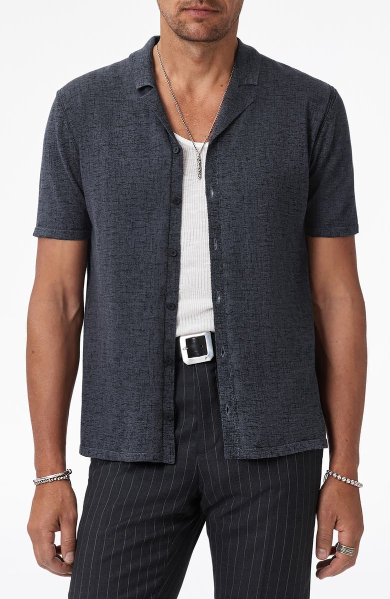 John Varvatos Nayeem Etching Print Organic Cotton Camp Shirt, Main, color, Charcoal Heather