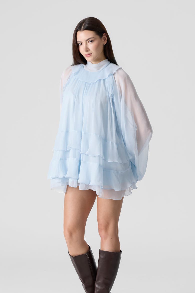 Tiered Ruffle Silk Chiffons Tunic Mini Dress, Alternate, color, Light Blue