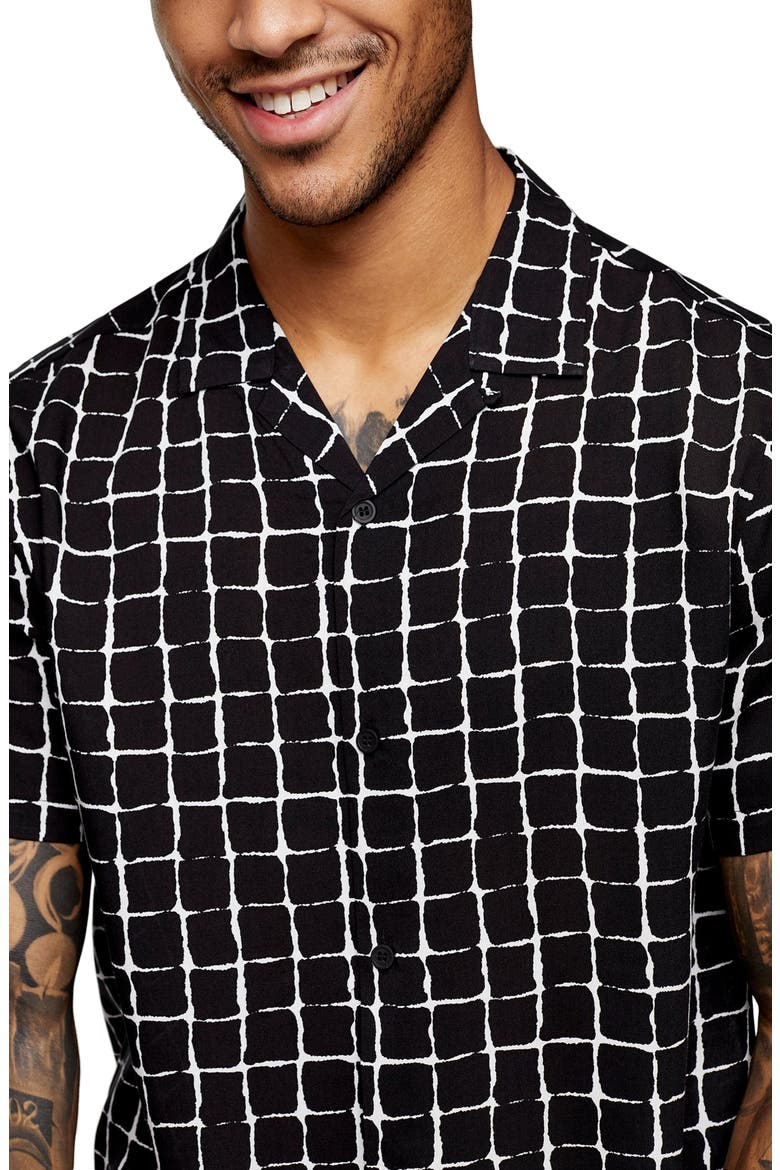 Geo Print Short Sleeve Button-Up Camp Shirt, Alternate, color, BLACK MULTI