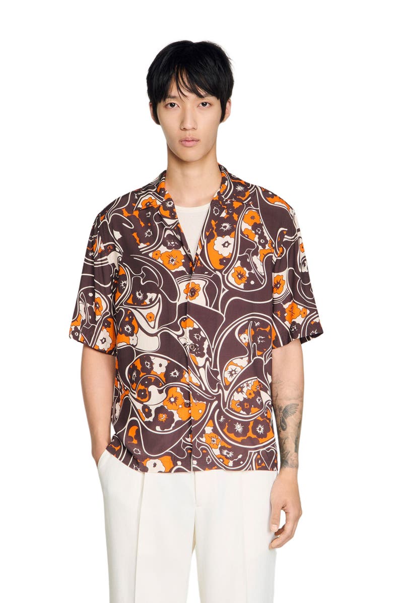 SANDRO Loose-fit print shark collar shirt, Alternate, color, Black Brown